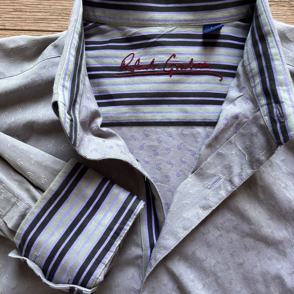 Robert Graham Flip Cuff Shirt Purple Paisley Large Men's Long Sleeve Button‎ Up